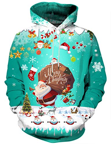 DFBB Mens Santa Floral Printed Christmas Loose Drawstring Plus Size Pullover Hoodie Sweatshirt 
